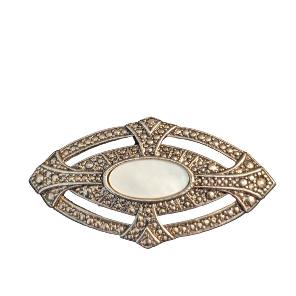 Art Deco Mother of Pearl Silver Tone Marcasite Look Brooch